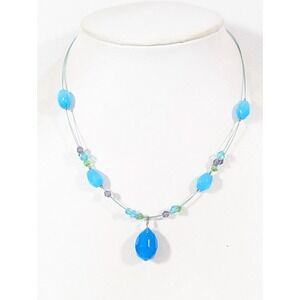 Beachy Boho Aqua Blue Glass Bead‎ Charm Wire Necklace 20 inch